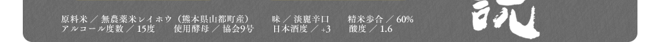 原料米／無農薬レイホウ（熊本県山都町産）、味／淡麗辛口、精米歩合／60%、アルコール度数／15度、使用酵母／協会９号、日本酒度／+3、酸度／1.6